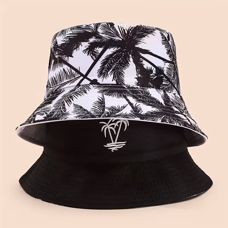 Men’s Reversible Tree Embroidery Bucket Hat, Fashion Style Polyester Fishing Cap for Spring and Autumn Travel and Beach Party Casual European and American Four Seasons Versatile Potted Hat for Men and Women Outdoor Travel Summer Beach Cap