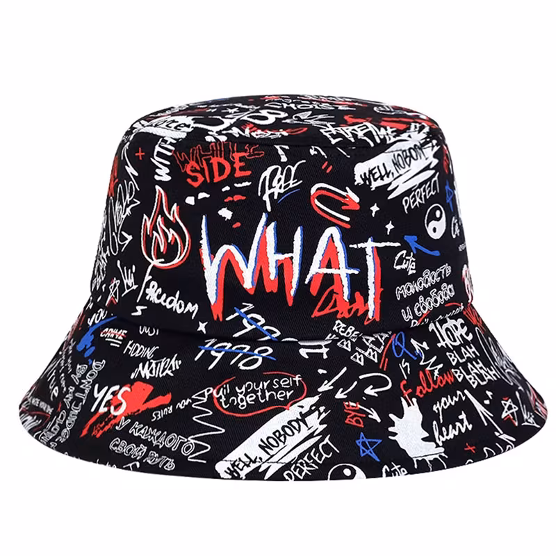 Men’s “What” Graffiti-Style Bucket Hat – Streetwear Polyester, Hand-Washable, Black with Colorful Typography & Graphics, Perfect for Trendy Outfits