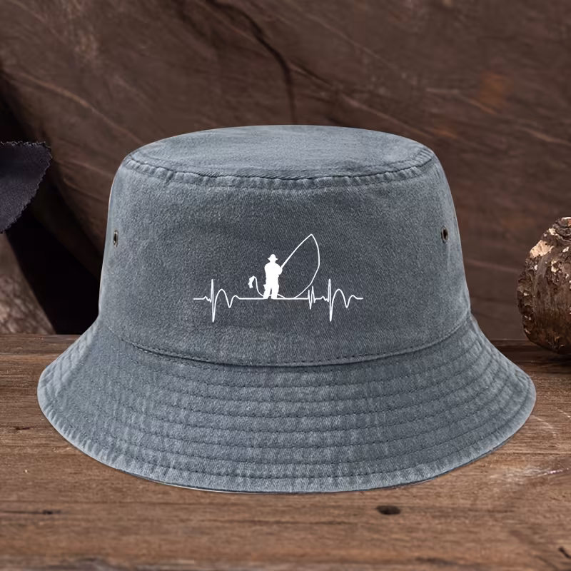Black Fishing Hat with White Fish & Line Design – Stylish, Versatile Outdoor Bucket Hat for Men and Women, Polyester Material, Machine Washable, Outdoor Headwear | Stylish Bucket Hat | Durable Headgear, Bucket Hat