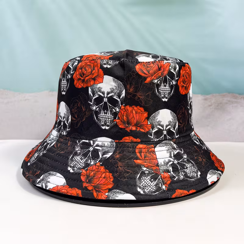 Lightweight Skull & Rose Print Bucket Hat – Stylish Hat for Men and Women, Double-Sided Design with Black Background and Red Roses, Perfect for Halloween or Casual Wear, Hat | Skull Print Hat | Lightweight Hat