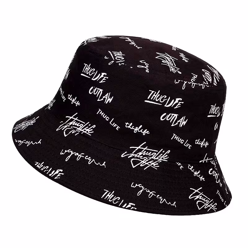 Men’s Funky Graphic Bucket Hat – White with Black Letter Print, Adjustable Dual-Sided Design, Wide Brim Sun Protection for Casual Streetwear & Outdoor Activities, Stylish Sun Protection, Nonelastic Fabric