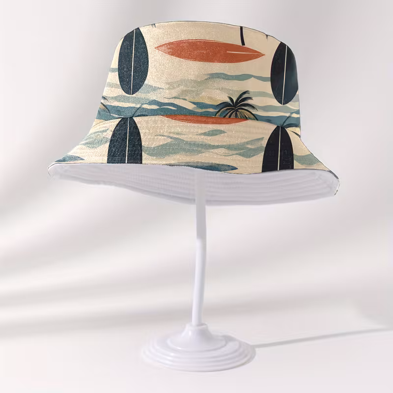 1-Pack Printed Double-Sided Fisherman’s Hat Universal Surfboard, Sea Waves and Coconut Tree Fishing Cap Fashionable for Summer Unisex, Perfect Choice for Beach and Outdoor Adventures, Travel Hat with Random Lineup
