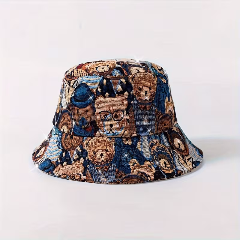 Unisex Cute Teddy Bear Fisherman Hat, Vintage Style Bucket Hat, Small Face Autumn Spring Headwear, Trendy Cartoon Animal Pattern Basin Hat
